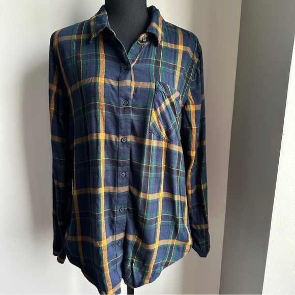 *LUCKY BRAND* Blue x Gold Plaid Shirt in Blue and Yellow Classic Fit Sz Medium - Picture 1 of 6